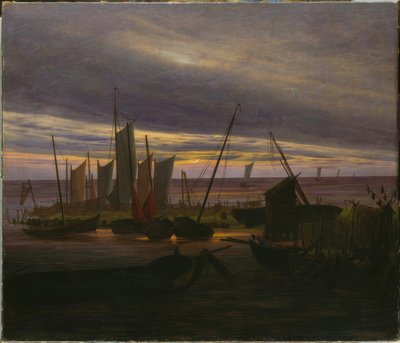 Navios no porto à noite de Caspar David Friedrich